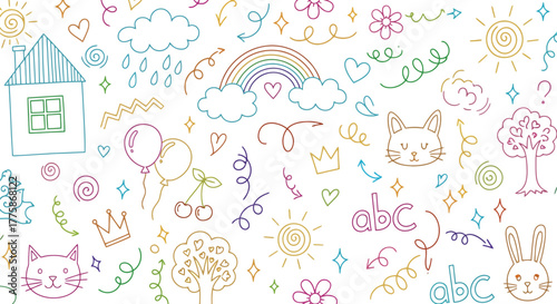 Doodle style drawings of house cloud rainbow sun flowers heart shapes on white