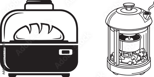 Black and White Vector Illustrations of Kitchen Baking and Popcorn Machines
