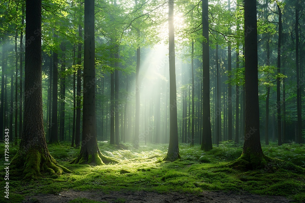 Obraz premium Sunlight Filtering Through Lush Green Forest Trees in Early Morning Mist and Fog