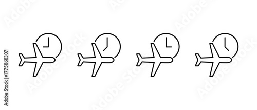 Airplane delay icon in line style. Flight schedule with clock symbol