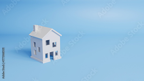 Minimal style house on a blue background with copy space, symbolizing home buying, housing loans, and modern living concepts. 3d rendering