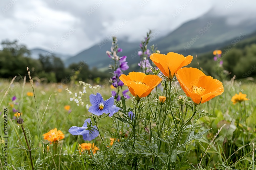 Obraz premium Vibrant Wildflowers Blooming Under Cloudy Skies in a Serene Nature Landscape