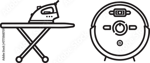 Black and White Line Art Icons of Ironing Board and Robotic Vacuum