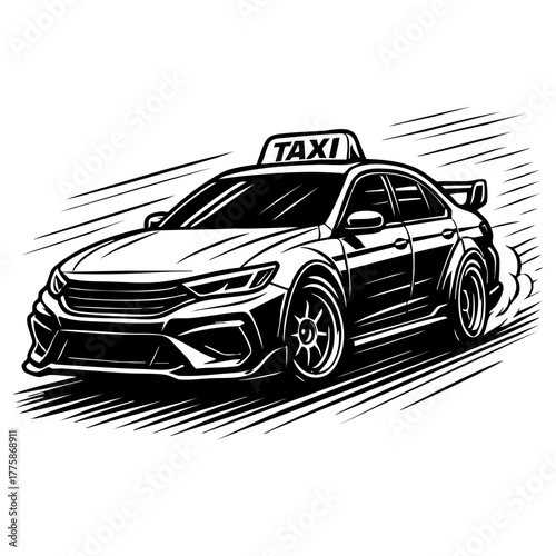 racing taxi overtaking on a racetrack, aerodynamic details and clean lines