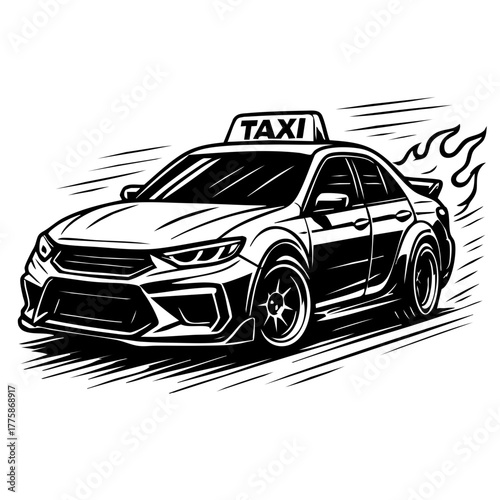 city taxi redesigned as a drift car with wide body and flames from exhaust