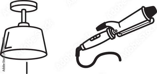 Simple Outline Icons of Pendant Lamp and Hair Curling Tool