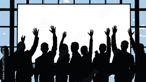 Crowd silhouette with raised hands vector illustration for event success celebration and presentation background