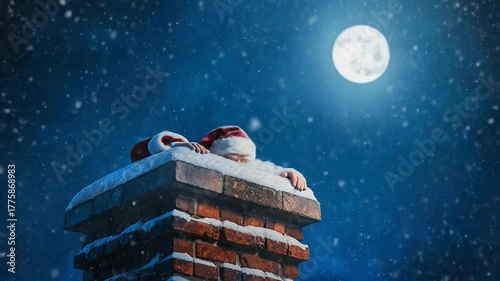 Santa Claus Peeking Out of Chimney Under Snowy Night Sky with Full Moon