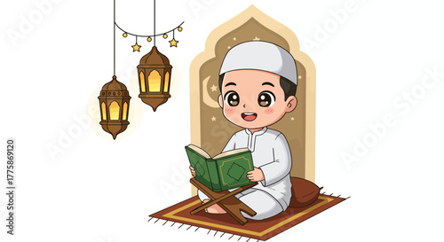 A cute cartoon Muslim boy is depicted reading the Quran with an ornate archway, lanterns, and prayer rug, creating a peaceful and spiritual scene in vector format.