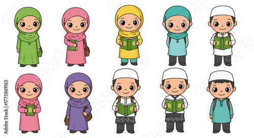 A charming collection of cute cartoon Muslim children, both boys and girls, happily holding books, perfect for educational and religious themes.