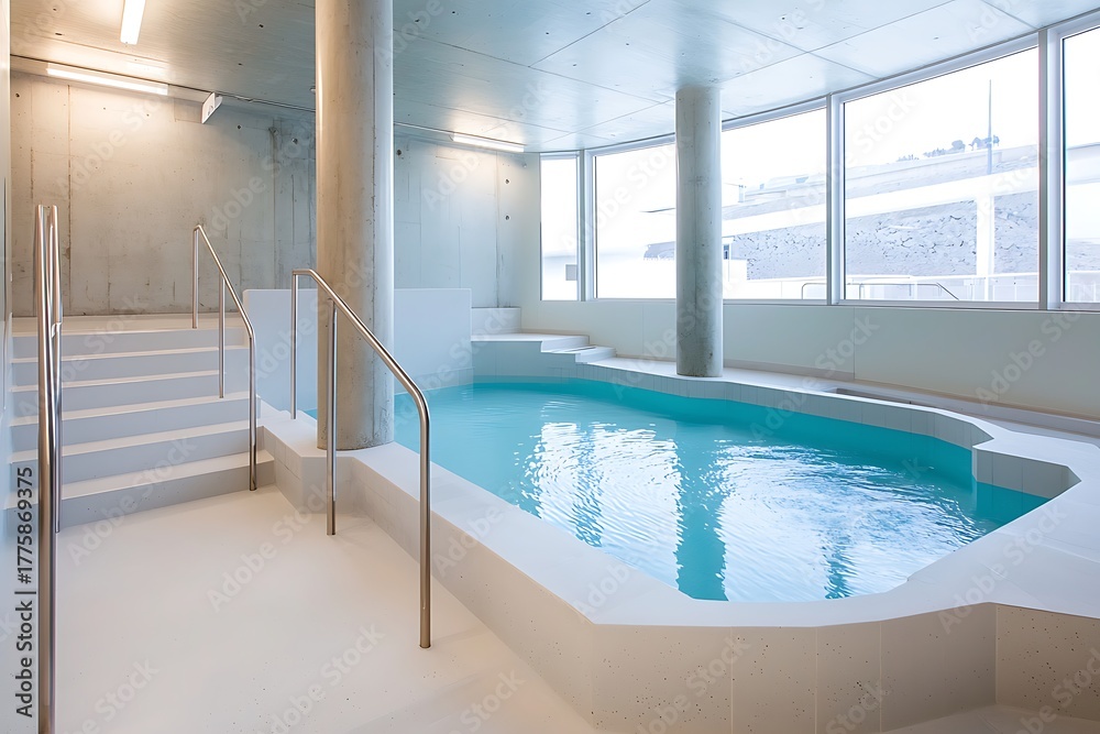 Fototapeta premium Modern Indoor Swimming Pool with Light Blue Water Surrounded by Minimalist Concrete Design