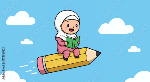 A delightful cartoon Muslim girl in a hijab joyfully reads a book while magically flying across a clear blue sky on an oversized pencil, embodying learning and creativity.