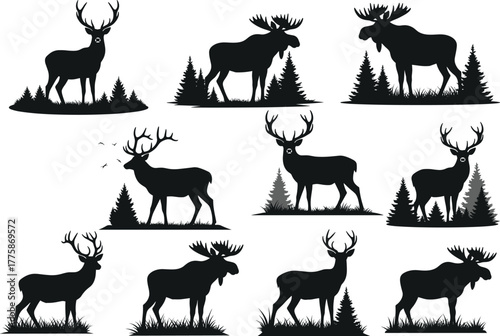 Wild deer and moose forest silhouette collection showing majestic woodland animals standing in natural landscape scenes for wildlife vector art.