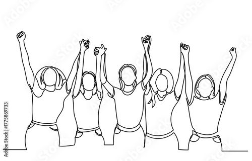 Continuous line drawing of a group of women standing together with raised arms, holding hands in celebration. One line drawing wins grlis unity, friendship, and joy. Concepts of teamwork, success. 