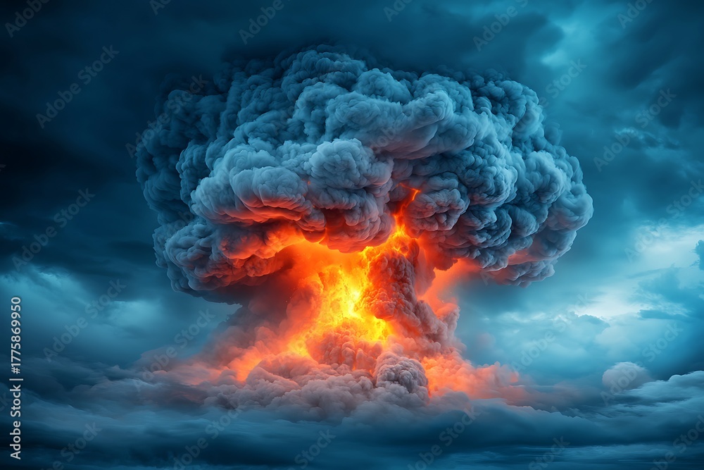 Fototapeta premium Dramatic Explosion with Orange and Gray Smoke Against Dark Cloudy Sky