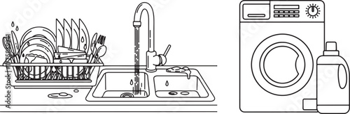 Outline Vector Art of Dishwashing Area and Laundry Machine