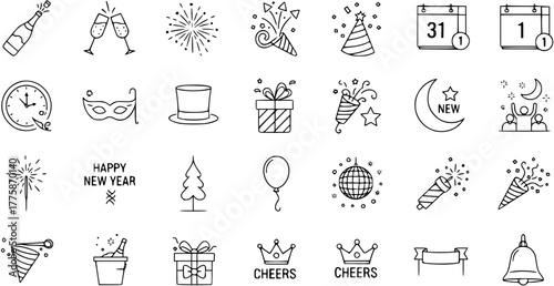 New Year's Eve Party and Celebration Line Icons Set. Hand-drawn doodle symbols for holiday countdown, champagne, fireworks, gifts, calendar, disco ball, and 'Happy New Year' greetings.