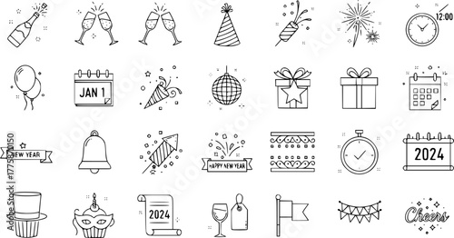 New Year's Eve celebration outline icons set. Hand-drawn doodle style vector collection of festive party symbols like champagne, fireworks, clock, calendar, and gifts.