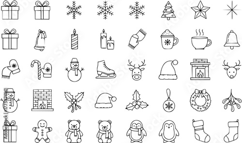 Christmas Winter Holiday Line Art Icons Set - Xmas Celebration Vector Collection