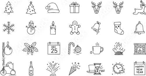 Christmas and New Year's Eve Outline Icons Set. Doodle Style Holiday Symbols Collection with Xmas Trees, Reindeer, Santa, Gifts, Snowman, Stocking, Fireplace, Fireworks, Countdown.