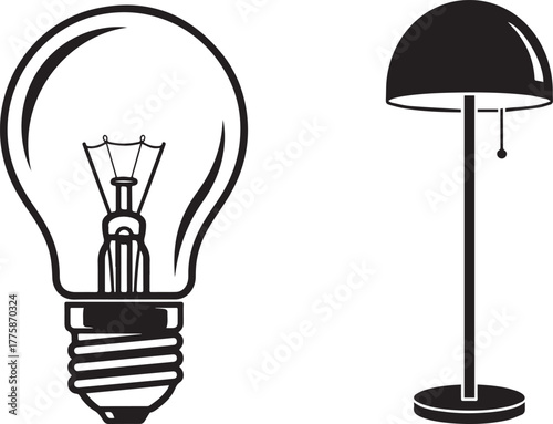 Simple Black Outline Light Bulb and Solid Floor Lamp Icons