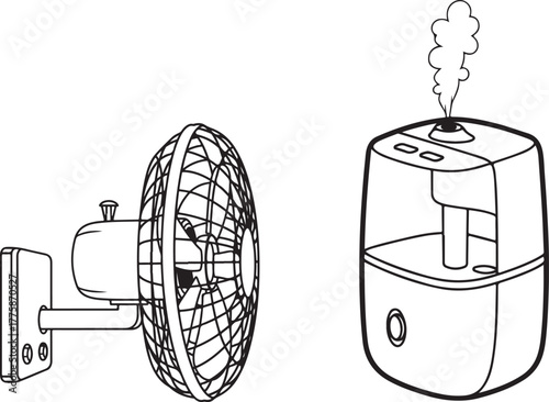 Black and White Line Art Illustration of Wall Fan and Steaming Humidifier