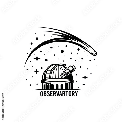 Vintage astronomical observatory logo with telescope and comet.