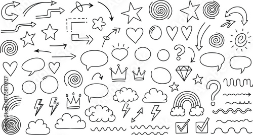 Doodles element icons set sketch style collection with star,arrows, cloud, heart