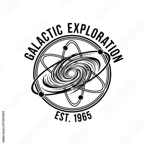 Galactic Exploration Logo with Atom and Spiral Galaxy Design.