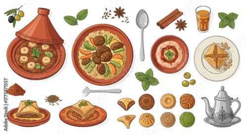 Assortment of Middle Eastern Dishes: Tagine Couscous Hummus Baklava and Tea.