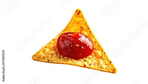 Triangle corn chip topped with a dollop of red sauce