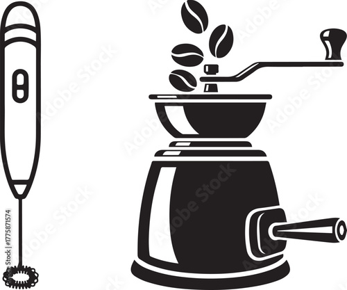 Monochrome Vector Icons of Coffee Grinder and Milk Frother on White