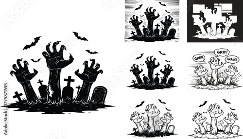 Zombie hands rising from graveyard with tombstones, bats, lightning, and spooky speech bubbles in horror Halloween vector illustration set