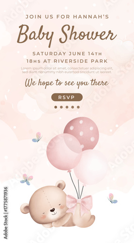 Watercolor baby shower cute animal teddy bear baby girl boy poster template card invitation