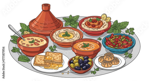Assortment of Middle Eastern and Mediterranean Dishes on a Tray Including Tagine and Dips.