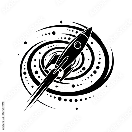 Monochrome silhouette of a classic rocket ship in flight.