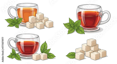 Four arrangements of clear glass cups filled with tea accompanied by sugar cubes and mint leaves.