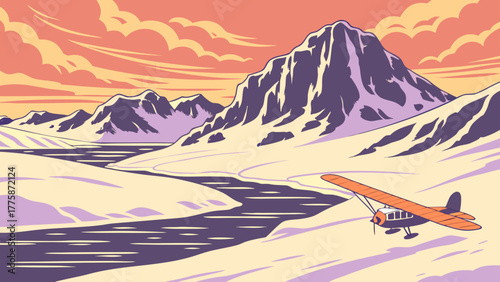 Orange airplane flying over a snowy landscape with mountains and a winding river at sunset view