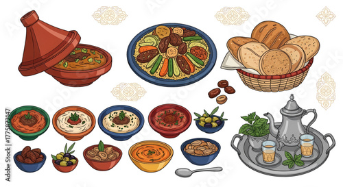 A vibrant spread of Moroccan cuisine featuring a tagine couscous bread and tea.