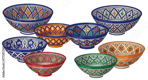 A vibrant collection of traditional Moroccan ceramic bowls with intricate hand-painted geometric patterns.