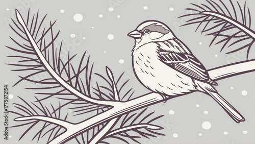 Sparrow perched on a pine branch with falling snow in a winter scene illustration style image