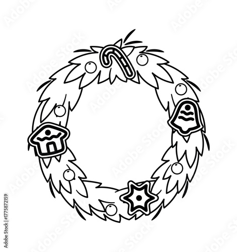 Round doorway Christmas wreath black-and-white