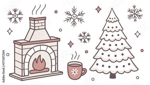 A cozy christmas scene with a fireplace christmas tree snowflakes and a warm cup of hot chocolate