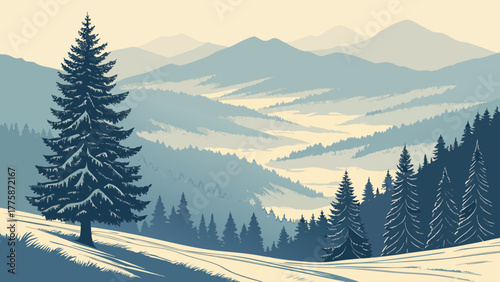 A winter scene with a tall pine tree in the foreground and distant mountains in the background view landscape