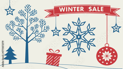 Winter sale banner with tree snowflake ornament and gift box design for holiday promotional event