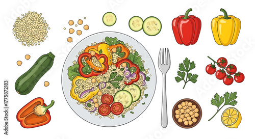 Colorful Vegetarian Salad with Fresh Vegetables and Grains.