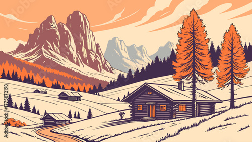 Illustration of a winter landscape with log cabins and mountains under a cloudy sky drawing style