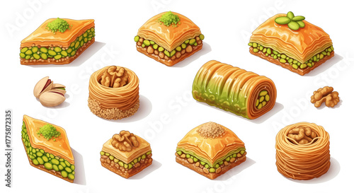 Assortment of Delicious Baklava Pastries with Pistachios and Walnuts.