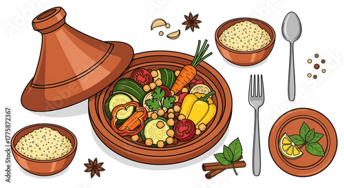 Colorful Vegetable Tagine with Couscous Spices and Utensils a Delicious and Healthy Meal.
