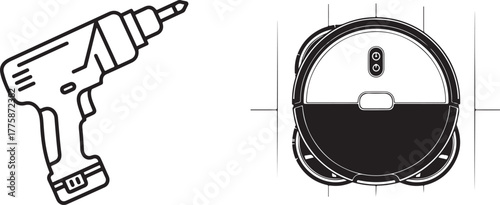 Vector Outline Icons of Cordless Drill and Robotic Vacuum Cleaner